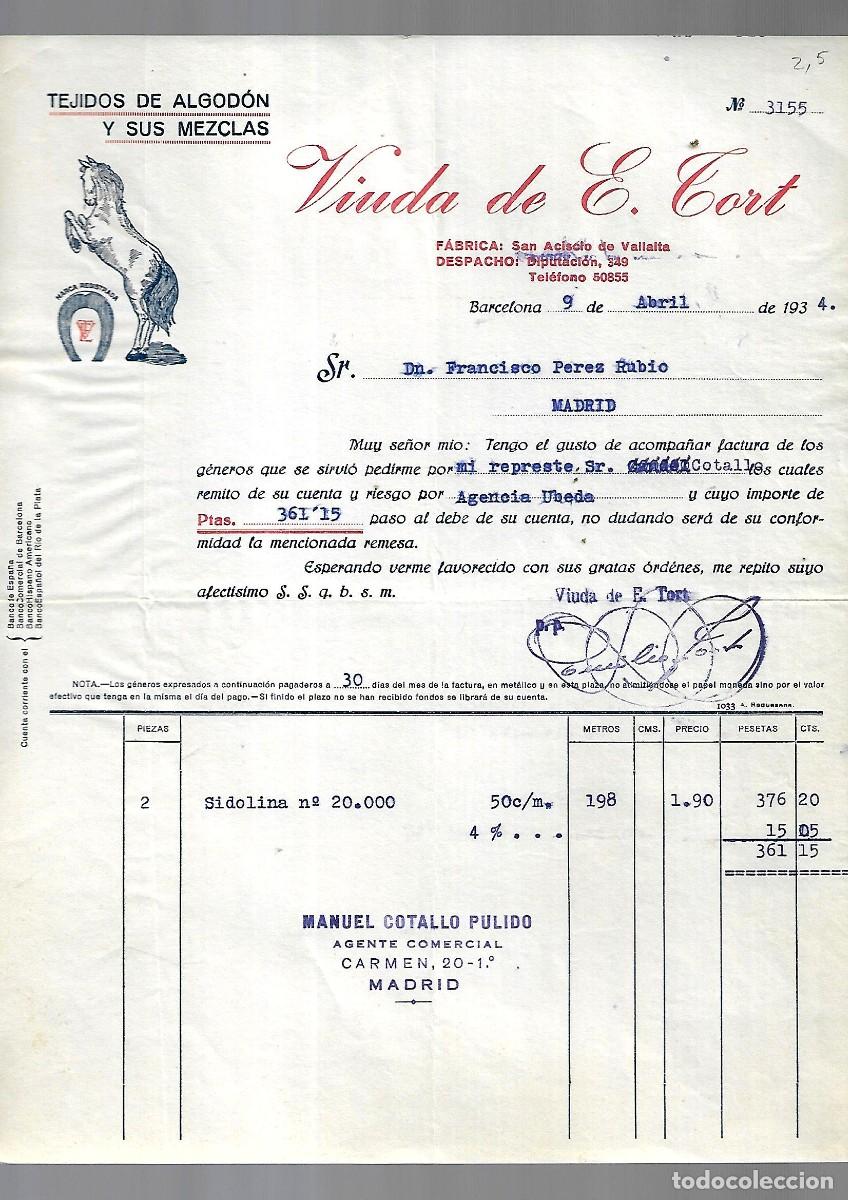Factures anciennes: M250- BARCELONA 1.934 - VIUDA DE E, TORT - FABRICA TEJIDOS DEL -9- 4- 1.934