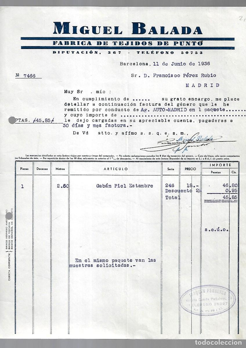 Factures anciennes: M250- BARCELONA 1.936 - MIGUEL BALADA - FABRICA TEJIDOS DEL -11- 6- 1.936