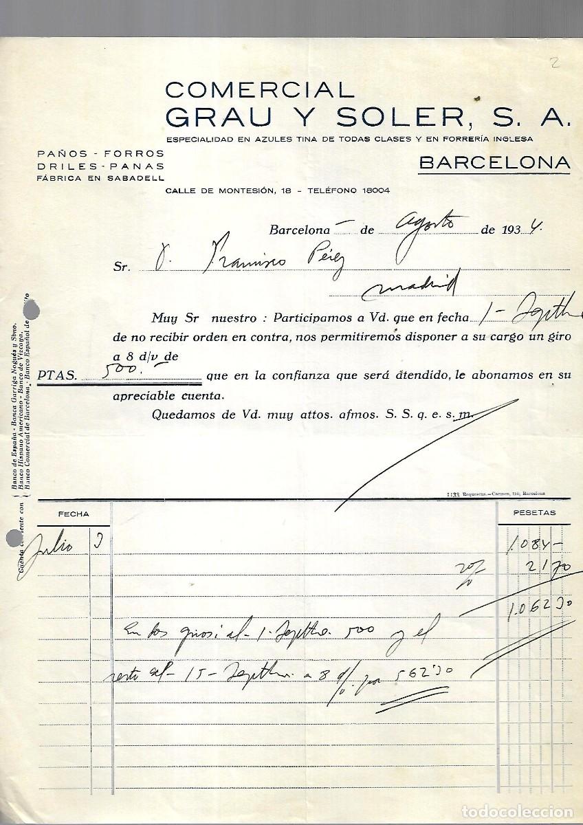 Factures anciennes: M250- BARCELONA 1.934 -COMERCIAL GRAU Y SOLER - FABRICA TEJIDOS DEL -1- 8- 1.934
