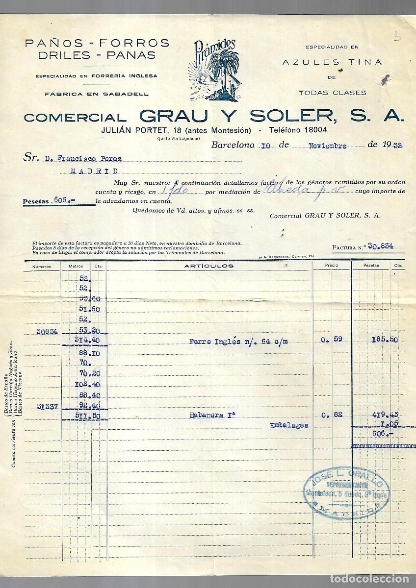 Factures anciennes: M250- BARCELONA 1.932 -COMERCIAL GRAU Y SOLER - FABRICA TEJIDOS DEL -10- 11- 1.932