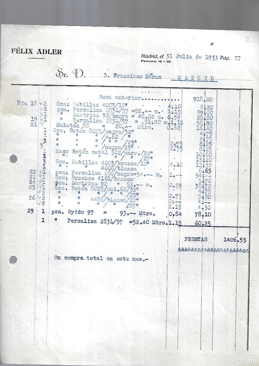 Factures anciennes: M250- MADRID 1.933 - FELIX ADLER - FABRICA TEJIDOS DEL -31- 7- 1.933