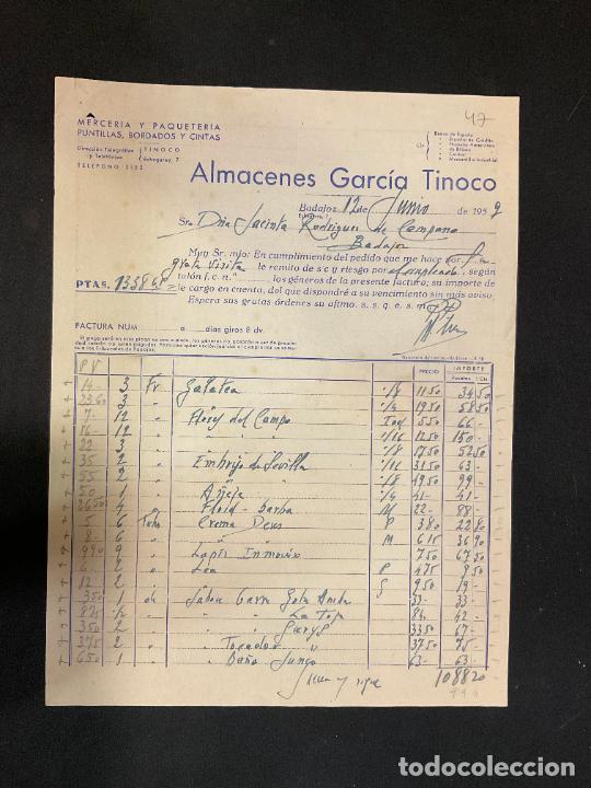 Factures anciennes: FACTURA. ALMACENES GARCIA TINOCO. MERCERIA Y PAQUETERIA. BADAJOZ 1959