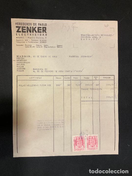 Factures anciennes: FACTURA. HEREDEROS DE PABLO ZENKER. ELECTRICIDAD. MADRID 1956. ZENKER