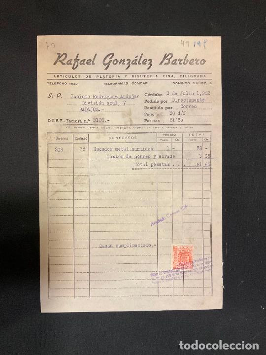 Factures anciennes: FACTURA. RAFAEL GONZALEZ BARBERO. PLATERIA Y BISUTERIA FINA. CORDOBA 1952