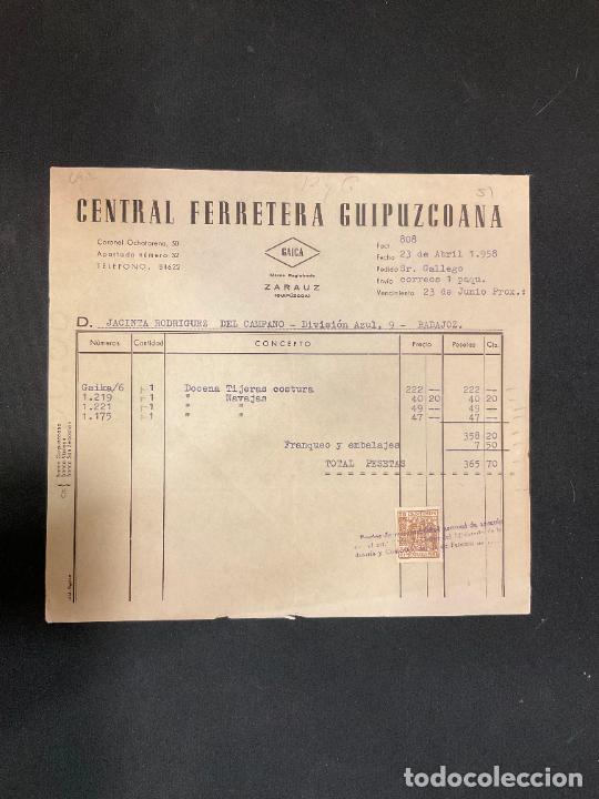Factures anciennes: FACTURA. CENTRAL FERRETERA GUIPUZCOANA. GAICA. ZARAUZ. 1958