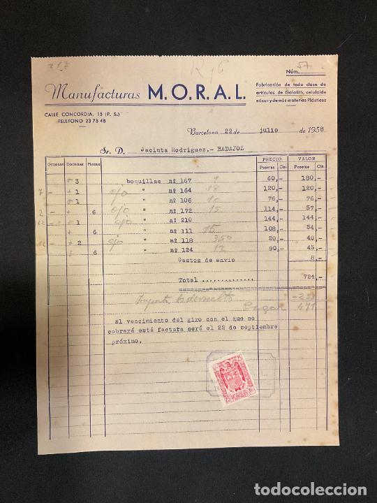 Factures anciennes: FACTURA. MANUFACTURAS M. O. R. A. L. BARCELONA 1958. ARTICULOS DE GALALITH.