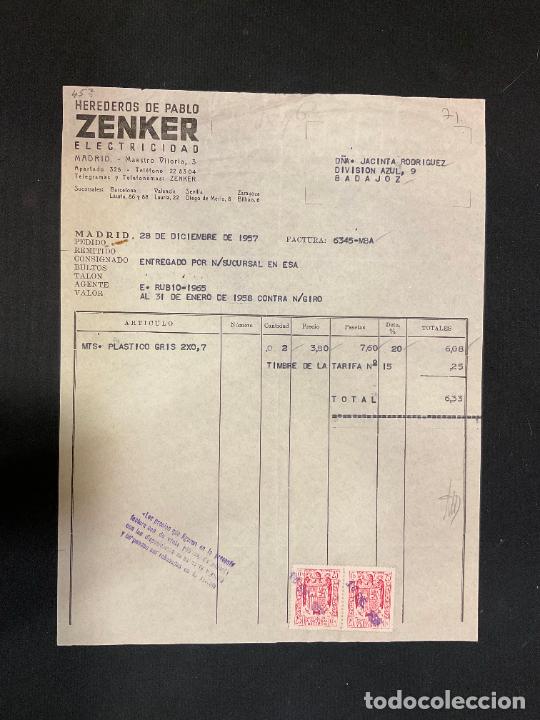 Factures anciennes: FACTURA. HEREDEROS DE PABLO ZENKER. ELECTRICIDAD. MADRID 1957. ZENKER