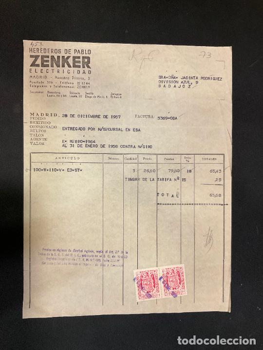 Factures anciennes: FACTURA. HEREDEROS DE PABLO ZENKER. ELECTRICIDAD. MADRID 1957. ZENKER
