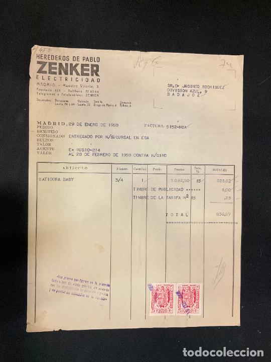 Factures anciennes: FACTURA. HEREDEROS DE PABLO ZENKER. ELECTRICIDAD. MADRID 1958. ZENKER