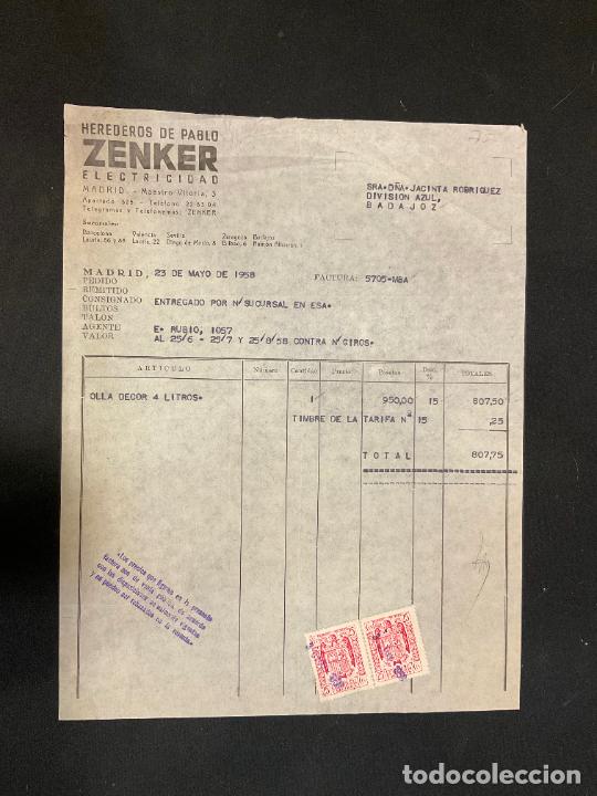 Factures anciennes: FACTURA. HEREDEROS DE PABLO ZENKER. ELECTRICIDAD. MADRID 1958. ZENKER