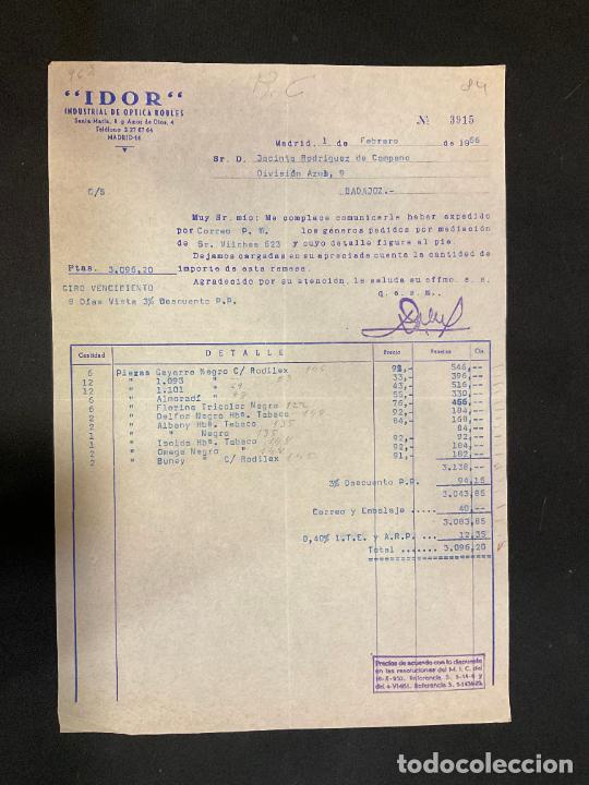 Factures anciennes: FACTURA. IDOR. INDUSTRIAL DE OPTICA ROBLES. MADRID 1966