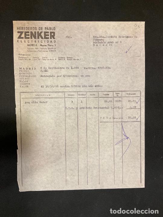 Factures anciennes: FACTURA. HEREDEROS DE PABLO ZENKER. ELECTRICIDAD. MADRID 1966. ZENKER