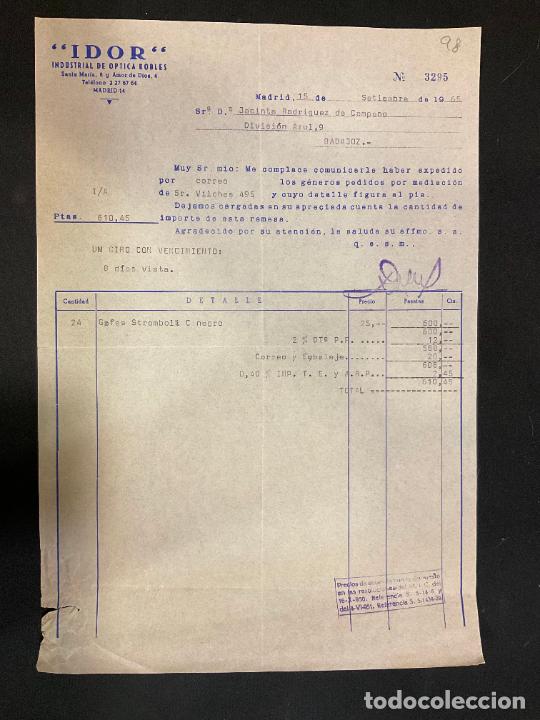 Factures anciennes: FACTURA. IDOR. INDUSTRIAL DE OPTICA ROBLES. MADRID 1965