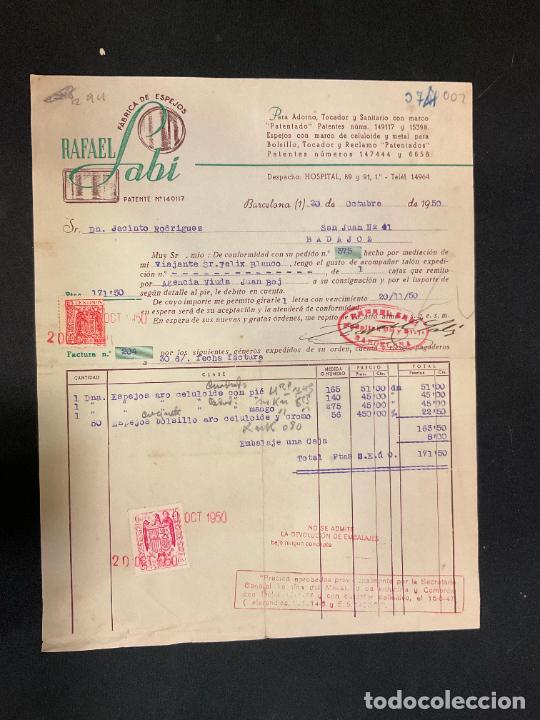 Factures anciennes: FACTURA. RAFAEL SABI. FABRICA DE ESPEJOS. BARCELONA 1950