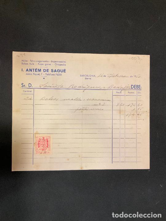 Factures anciennes: FACTURA. I. ANTEM DE SAGUE. BARCELONA 1950. IMPERMEABLE. BOLSOS HULE.