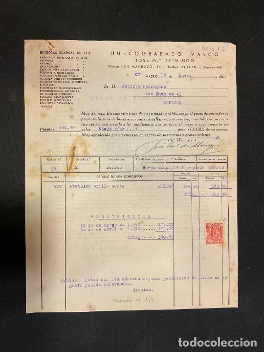 Factures anciennes: FACTURA. HUECOGRABADO VASCO. JOSE M DE MINGO. MADRID 1950