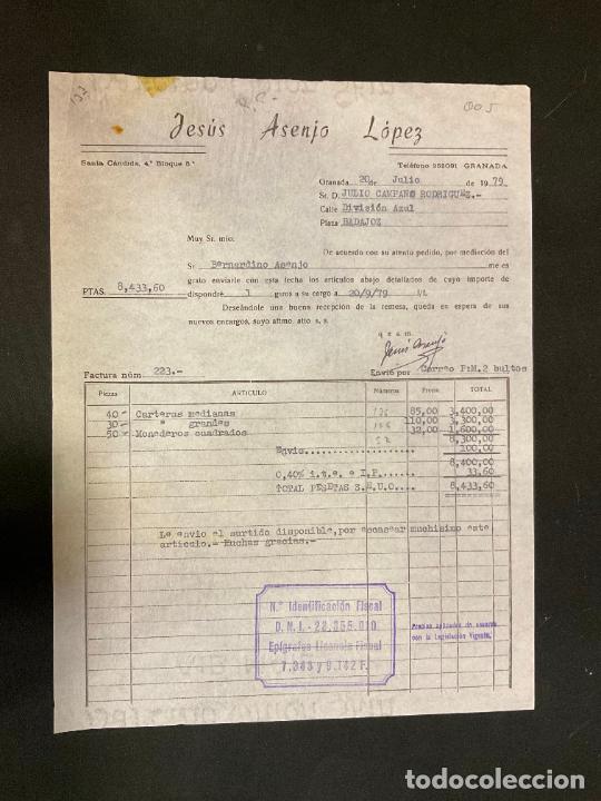 Factures anciennes: FACTURA. JESUS ASENJO LOPEZ. AGENTE COMERCIAL COLEGIADO. ARTICULOS DE PIEL. GRANADA 1979