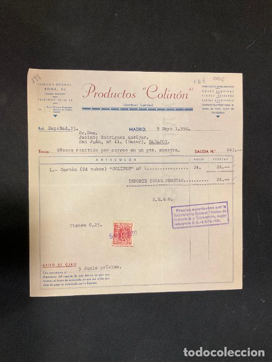 Factures anciennes: FACTURA. PRODUCTOS COLINON. MADRID 1950. PEGAMENTOS