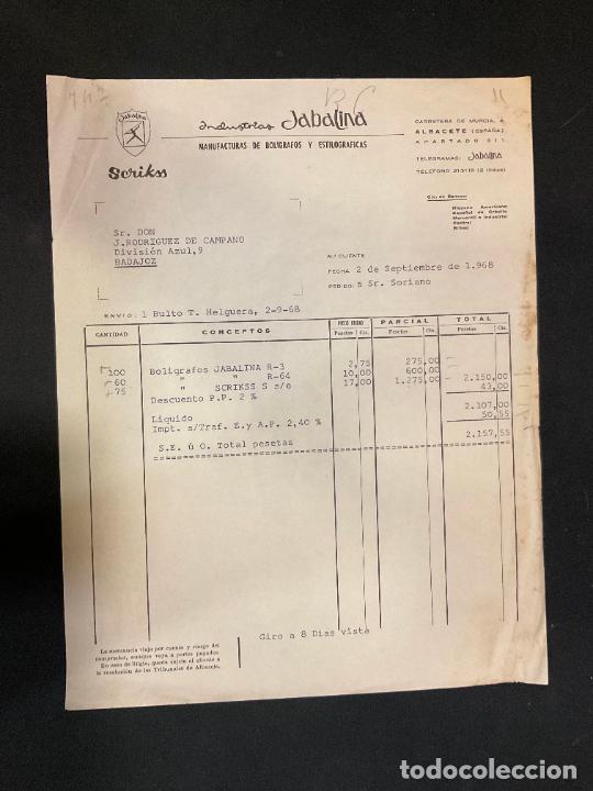 Factures anciennes: FACTURA. INDUSTRIAS JABALINA. BOLIGRAFOS Y ESTILOGRAFICAS. 1968. SCRIKSS.