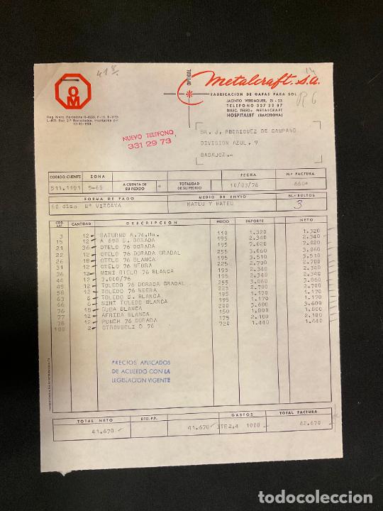 Factures anciennes: FACTURA. METALCRAFT. OPTICAL. ARMAZONES METALICOS PARA GAFAS. HOSPITALET. BARCELONA. 1976