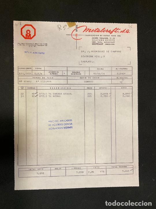 Factures anciennes: FACTURA. METALCRAFT. OPTICAL. ARMAZONES METALICOS PARA GAFAS. HOSPITALET. BARCELONA. 1976