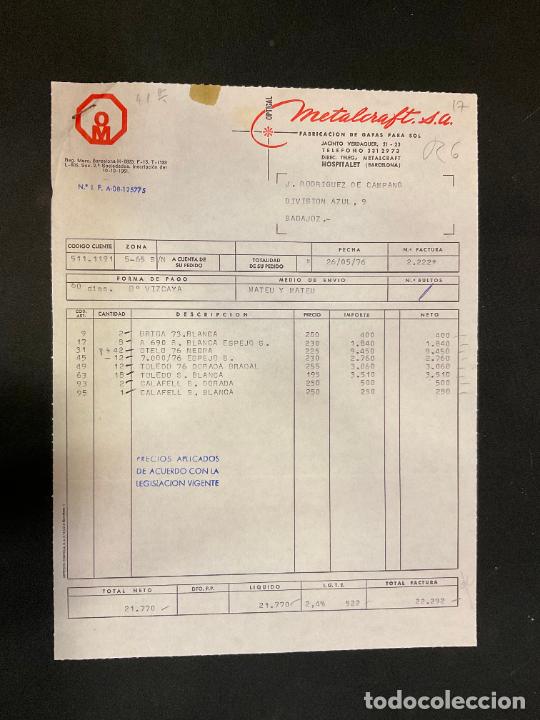 Factures anciennes: FACTURA. METALCRAFT. OPTICAL. ARMAZONES METALICOS PARA GAFAS. HOSPITALET. BARCELONA. 1976