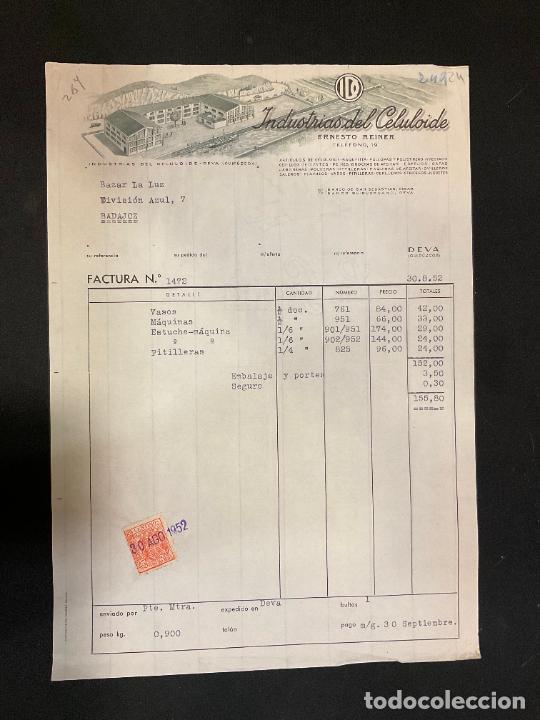 Alte Rechnungen: FACTURA. INDUSTRIAS DEL CELULOIDE. ERNESTO REINER. 1952 DEVA GUIPUZCOA.