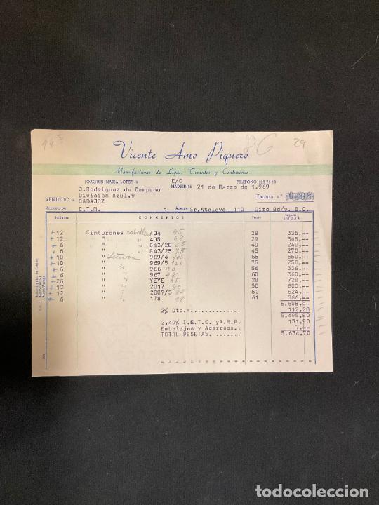 Alte Rechnungen: FACTURA. VICENTE AMO PIQUERO. MANUFACTURAS DE LIGAS, TIRANTES, CINTURONES. MADRID 1969