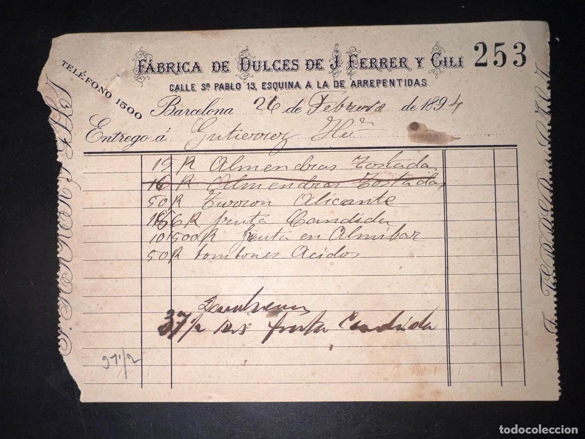Old Invoices: FACTURA. F&Aacute;BRICA DE DULCES DE J. FERRER Y GILI. BARCELONA, 1894