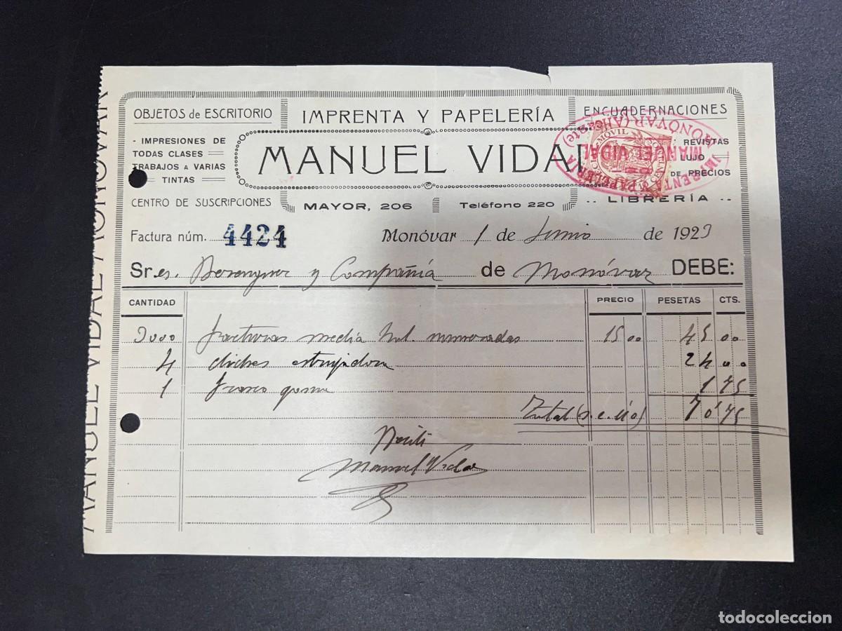 Old Invoices: FACTURA. MANUEL VIDAL. MON&Oacute;VAR - ALICANTE, 1923