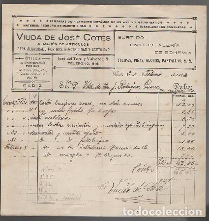 Old Invoices: FACTURA V. DE JOSE CATES ALMAC&Eacute;N DE ART&Iacute;CULOS (CADIZ FEBRERO 1922) FACTURA-367