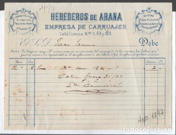Old Invoices: FACTURA HEREDEROS DE ARANA. EMPRESA DE CARRUAJES (C&Aacute;DIZ ENERO 1897) FACTURA-379