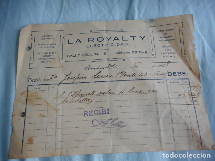 Old Invoices: ANTIGUA FACTURA LA ROYALTY. ELECTRICIDAD. BARCELONA 1928.