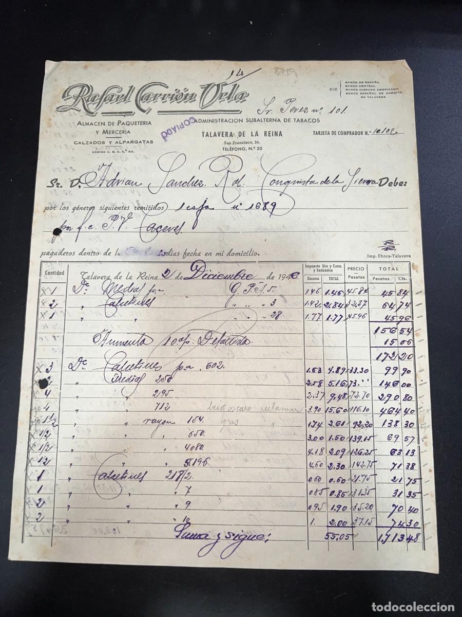 Old Invoices: FACTURA. RAFAEL CAMI&Oacute;N VELA. ADMINISTRACI&Oacute;N SUBALTERNA DE TABACOS. TALAVERA DE LA REINA, 1946
