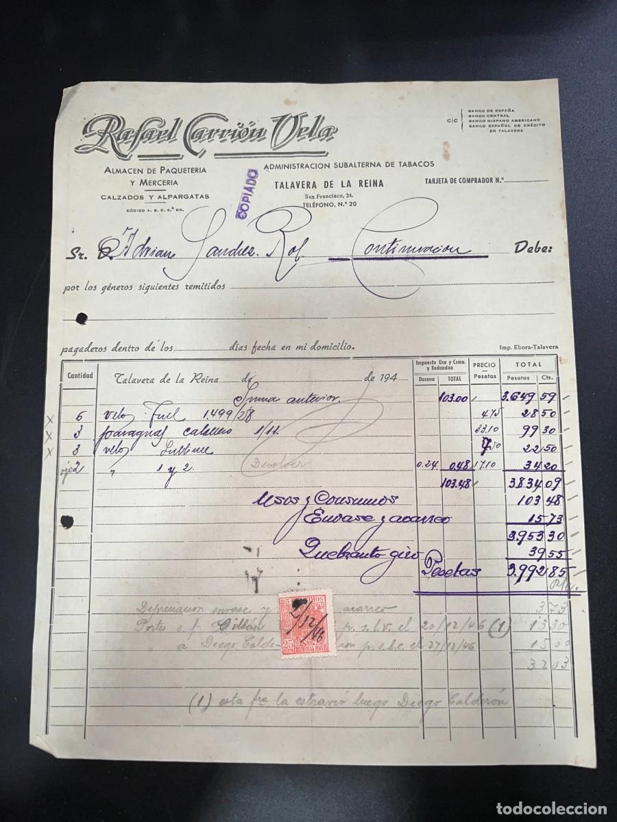 Old Invoices: FACTURA. RAFAEL CAMI&Oacute;N VELA. ADMINISTRACI&Oacute;N SUBALTERNA DE TABACOS. TALAVERA DE LA REINA, 1946
