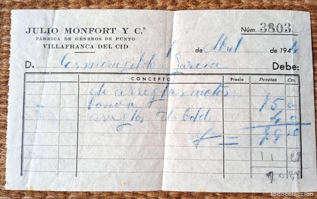 Old Invoices: VILLAFRANCA DEL CID - CASTELLON - JULIO MONFORT FABRICA DE GENEROS DE PUNTO - 1944
