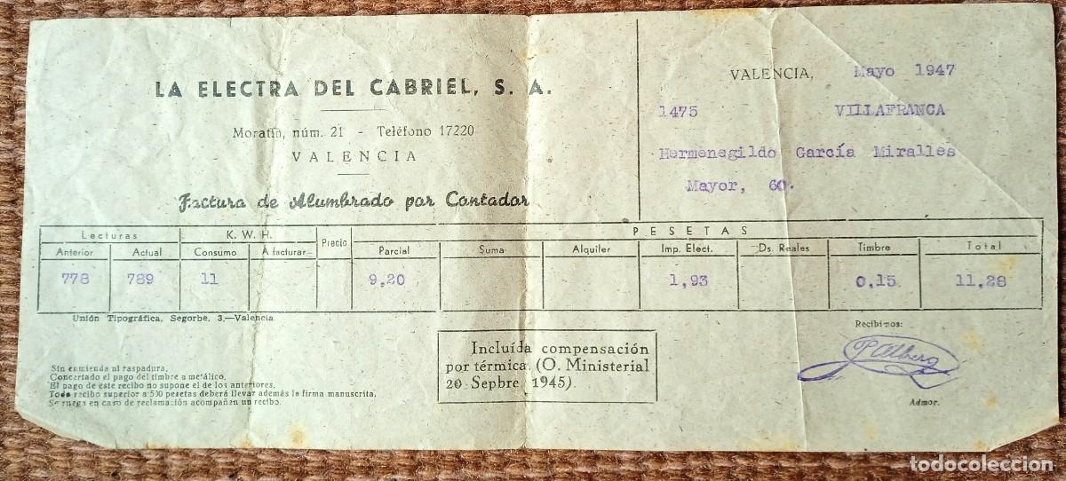 Old Invoices: LA ELECTRA DEL CABRIEL - FACTURA DE ALUMBRADO POR CONTADOR 1947