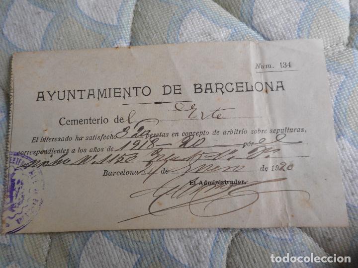 Old Invoices: ANTIGUO RECIBO AYUNTAMIENTO BARCELONA CEMENTERIO 1920