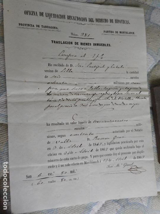 Old Invoices: ANTIGUO RECIBO TRASLACION BIENES INMUEBLES. MONTBLANC TARRAGONA 1867