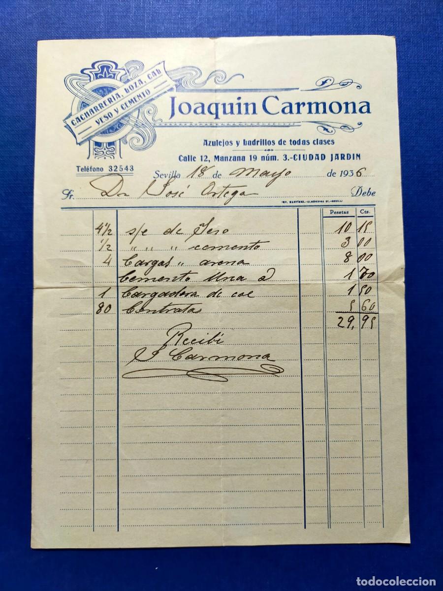 Old Invoices: FACTURA A&ntilde;o 1936 - Azulejos, Ladrillos, Loza, Cal, Yeso, Cemento: JOAQUIN CARMONA (SEVILLA)