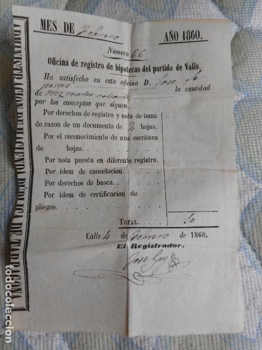Facturas antiguas: ANTIGUO RECIBO REGISTRO HIPOTECAS DEL PARTIDO DE VALLS TARRAGONA 1860. JOSE SAPERAS