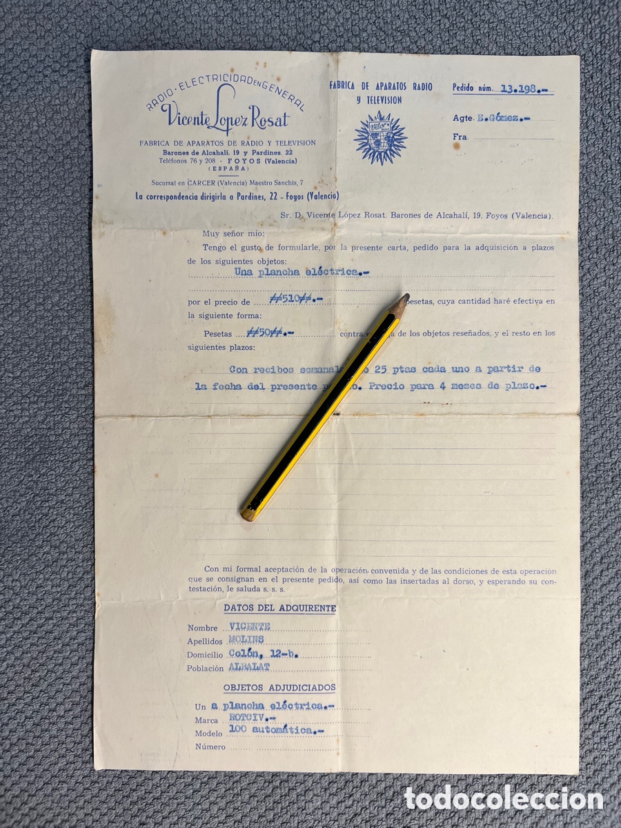 Facturas antiguas: FOYOS (Valencia) Factura. Fabrica de Aparatos Radio y Televisi&oacute;n. Adquisici&oacute;n a plazos&hellip; (a.1963)