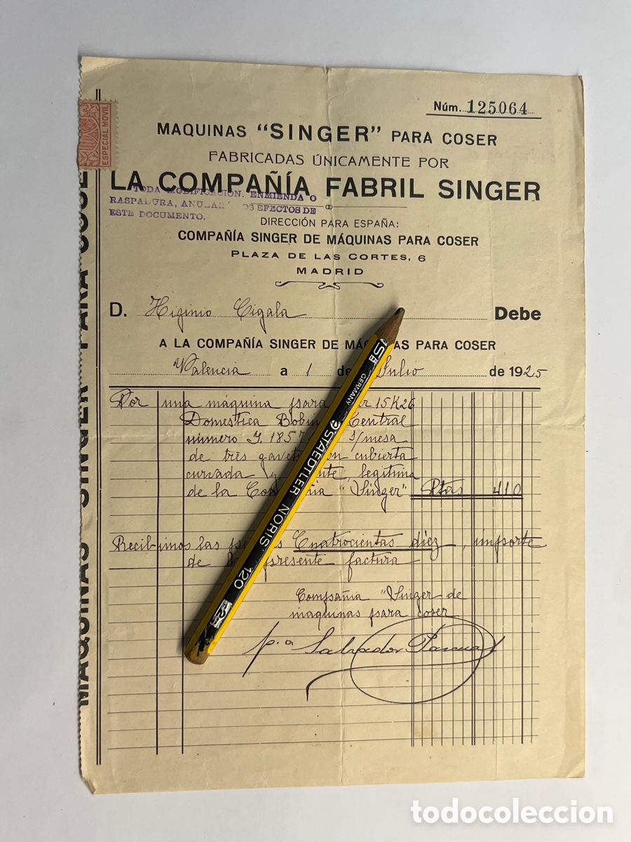 Facturas antiguas: M&Aacute;QUINA DE COSER SINGER. Factura 400 pesetas por la Compra de una m&aacute;quina. Valencia (a.1925)