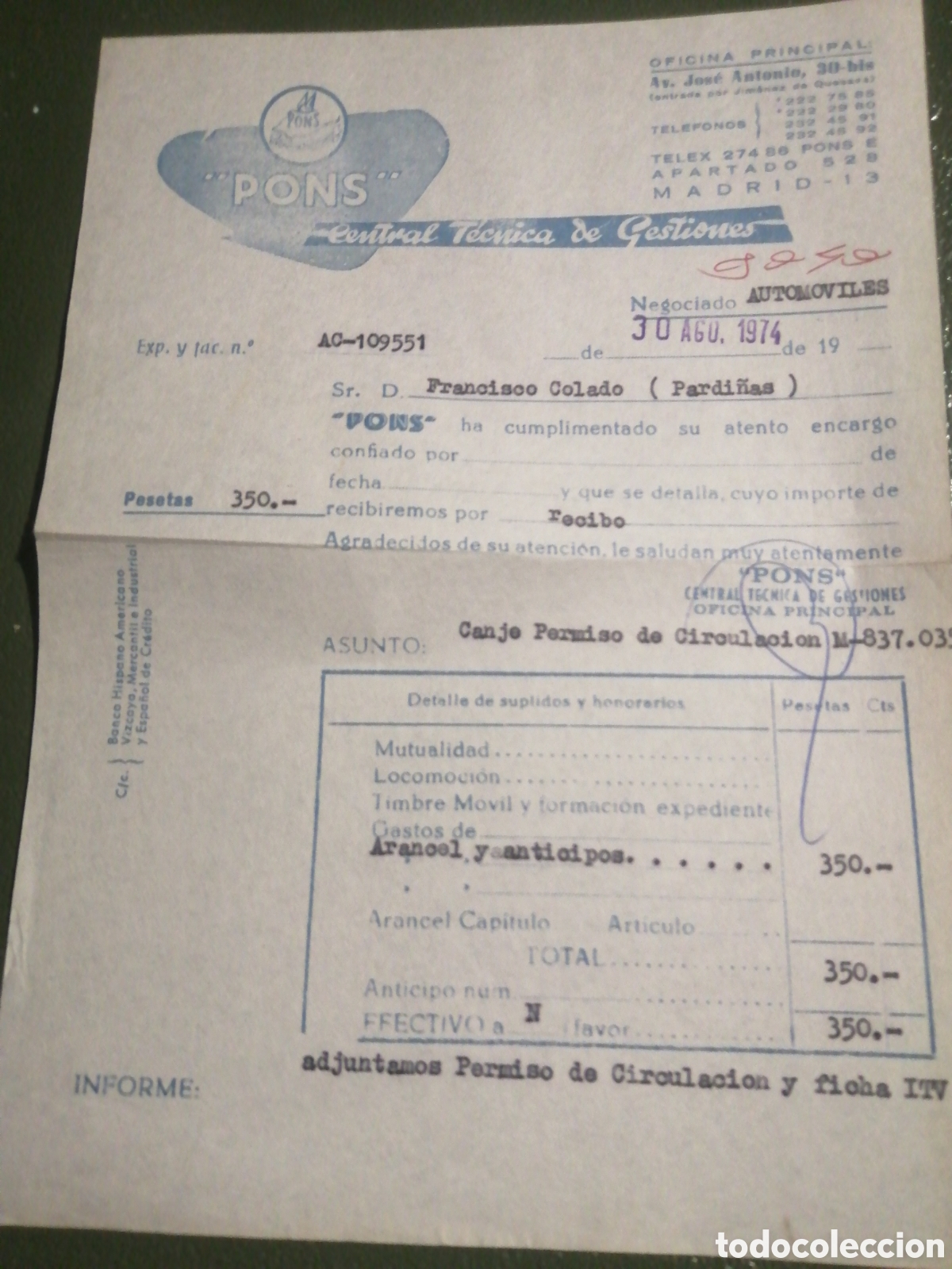 Facturas antiguas: PONS, ANTIGUA FACTURA, 1974