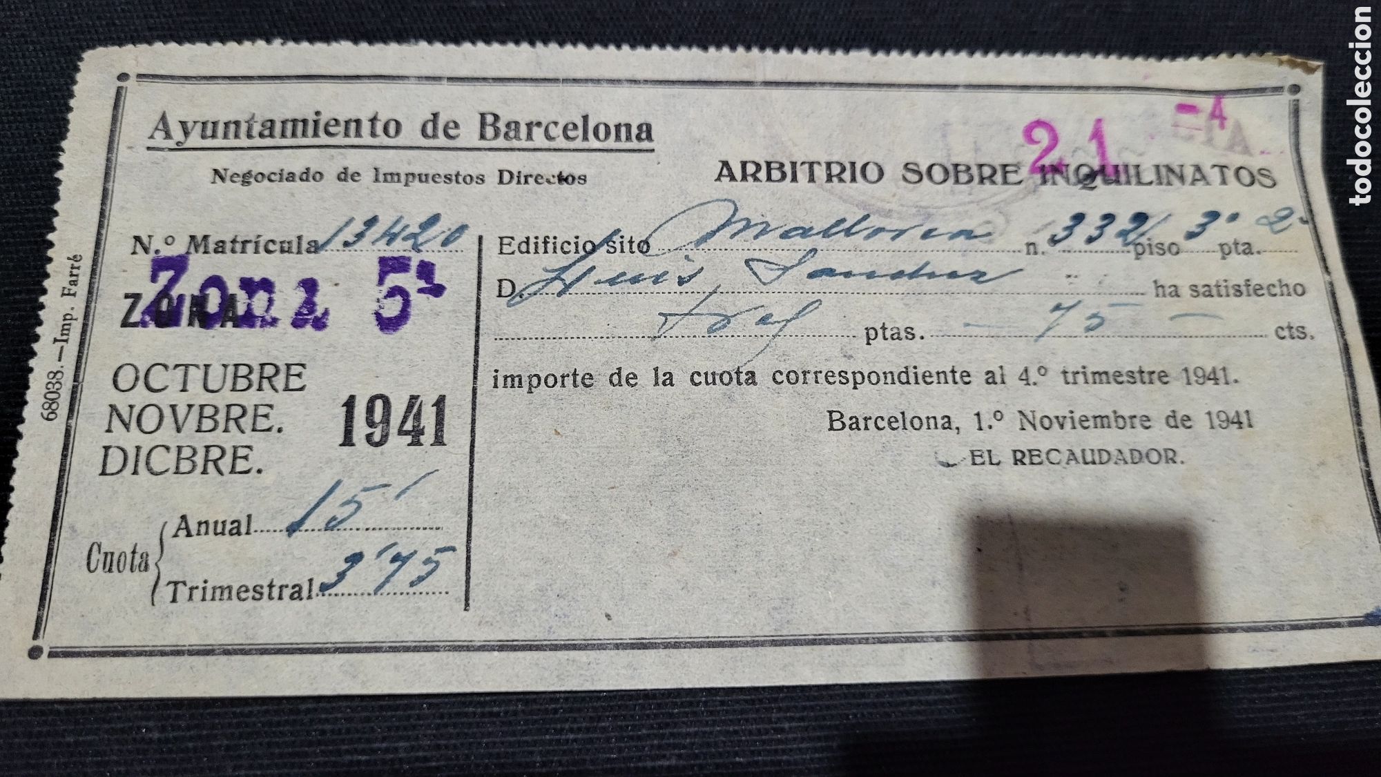 Facturas antiguas: Arbitrio sobre inqulinatos Barcelona 1942