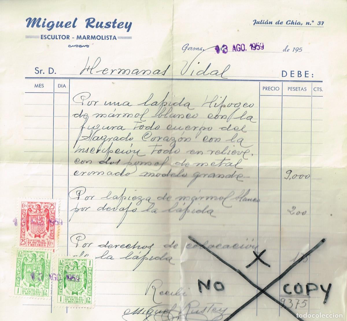 Alte Rechnungen: 1959 13/8 Girona Factura (Miguel Rustey - Escultor Marmolista) por una L&aacute;pida Hipogeo M&aacute;rmol Blanco