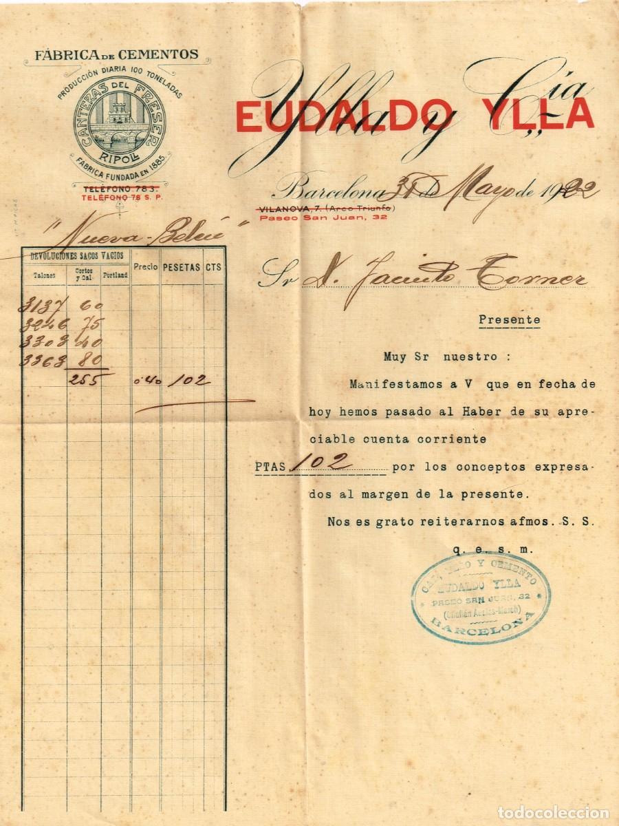 Alte Rechnungen: 1922 - 1 FACTURA 1 PASO HABER CUENTA - YLLA Y C&Iacute;A. F&Aacute;BRICA CEMENTOS CANTERAS DEL FRESER - RIPOLL
