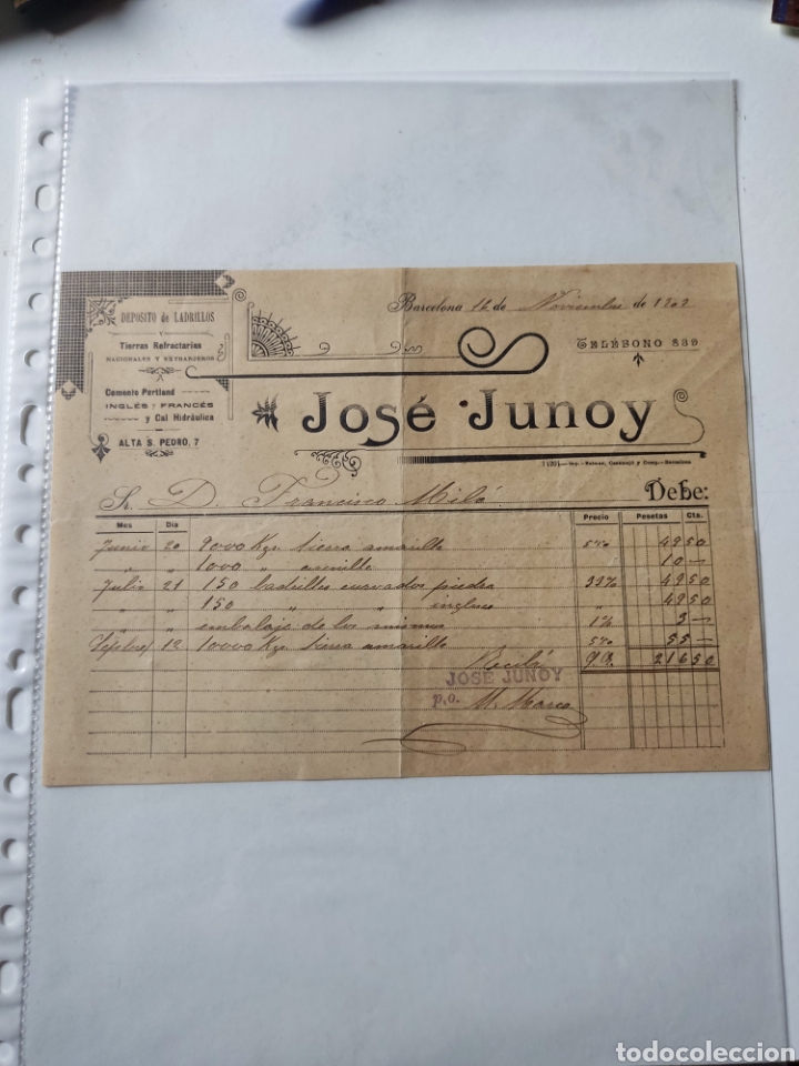 Old Invoices: Factura antigua Jose Junoy, Barcelona 1903 cemento Portland