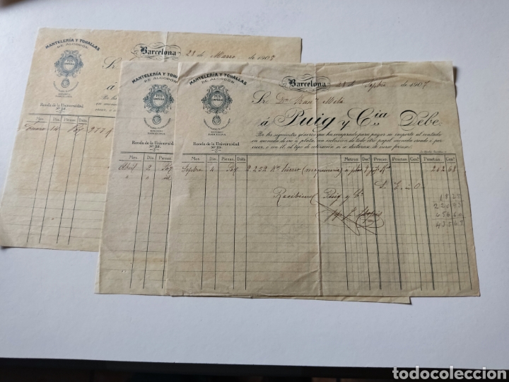 Old Invoices: Facturas antiguas manteler&iacute;a y toallas de algod&oacute;n, Puig y Cia Barcelona 1908