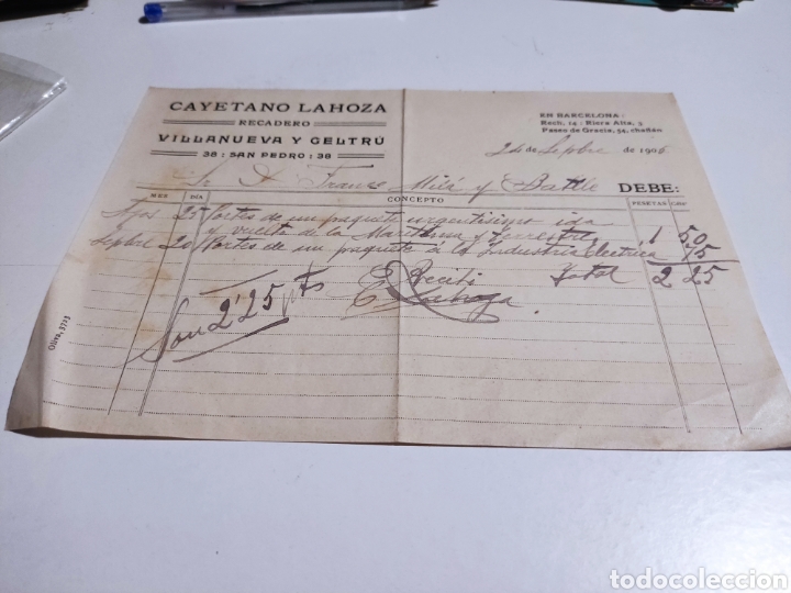 Old Invoices: Recibo antiguo Cayetano Lahoza,recadero, Villanueva y Geltr&uacute; 1905
